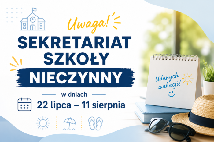 Sekretariat szkoły nieczynny od 22 lipca do 11 sierpnia